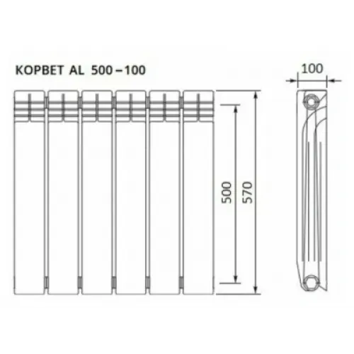 Радиатор алюминиевый КОРВЕТ 500/100 6 секций 1,2кг 181Вт/секция